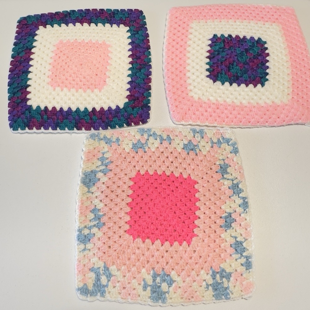 Set 3 Vtg Large Handmade Crochet Hot Pad Trivet Multicolored Thick Double Layers